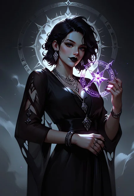 score_9, score_8_up, highly detailed, score_7_up, easynegative, concept art, realistic, dark theme, perfect quality, highly detailed, low light, face focus, anatomically perfect, handfixer
cowboy shot, gothic fantasy style, wide gothic grey marble staircase, outdoor scene,
1girl, 30 years old woman, tall regal figure, slender body, angelic beauty, pale skin, barefoot, slightly torn elegant long black robes, holes in robe, dark black messy hair, waist length hair, sharp nose, diamond nose stud, dark eyes, almond shaped eyes, black nail polish, standing at top of the staircase, black lipstick, soft smile, silver ring with ruby stone, silver diamond earrings, silver necklace with ruby medallion, looking at viewer, holding purple magical runes in each hand, Glowing Runes, Glowing Rune Circle