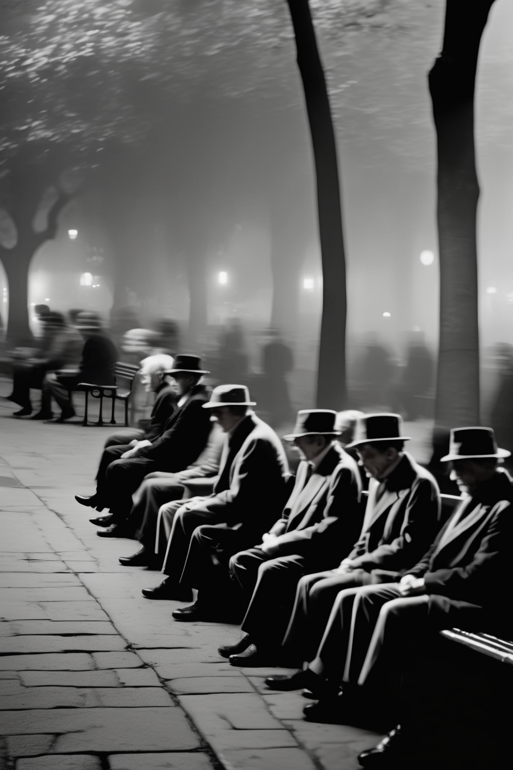 <lora:Ando Fuchs Style:1>Ando Fuchs Style - Cinematic, F/22, Artistic street photography by Stanley Kubrick and marc riboud photography art 2020's long exposure of a crowd and a motionless old gentleman sitting on a bench