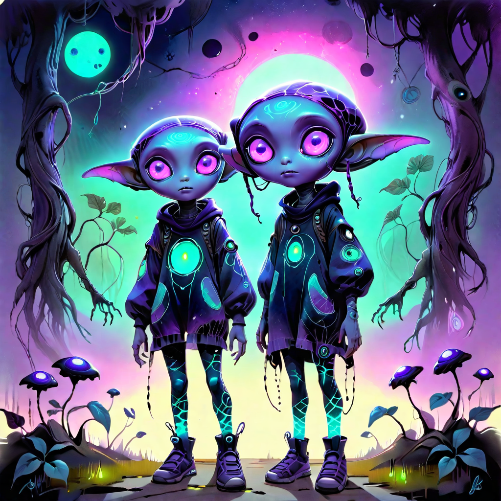 cheyenne, animist, restart, alien female, Alien child with oversized glowing eyes, Digital painting with hand-drawn textures, Gentle color grading for warm and cool contrasts, Hand-drawn lines resembling an animated sketch, Deep Twilight & Neon Glow alien_wanderer, <lora:artfully_YOUNGALIEN_SDXL:0.8>,