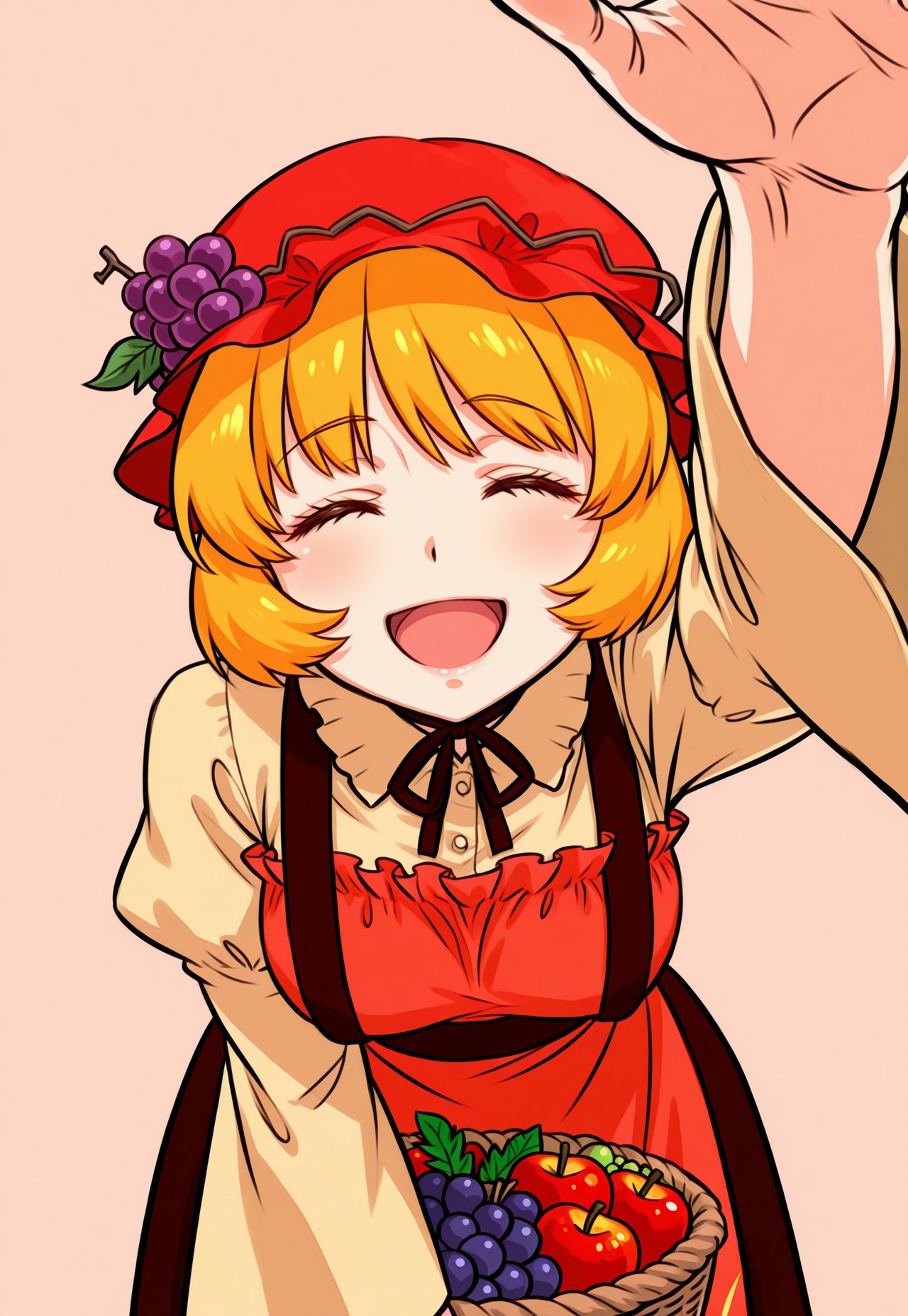 masterpiece, best quality, aesthetic, colorful, <lora:DittoHead7-8:1>, BREAK, (Aki Minoriko), smile, happy, open mouth, basket, apple, grape, vegetable, carrying, leaves in the wind, maple leaf, female focus, simple background, closed eyes, petting, reaching out towards viewer, petting viewer, arm up, leaning forward,