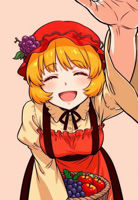 masterpiece, best quality, aesthetic, colorful, <lora:DittoHead7-8:1>, BREAK, (Aki Minoriko), smile, happy, open mouth, basket, apple, grape, vegetable, carrying, leaves in the wind, maple leaf, female focus, simple background, closed eyes, petting, reaching out towards viewer, petting viewer, arm up, leaning forward,