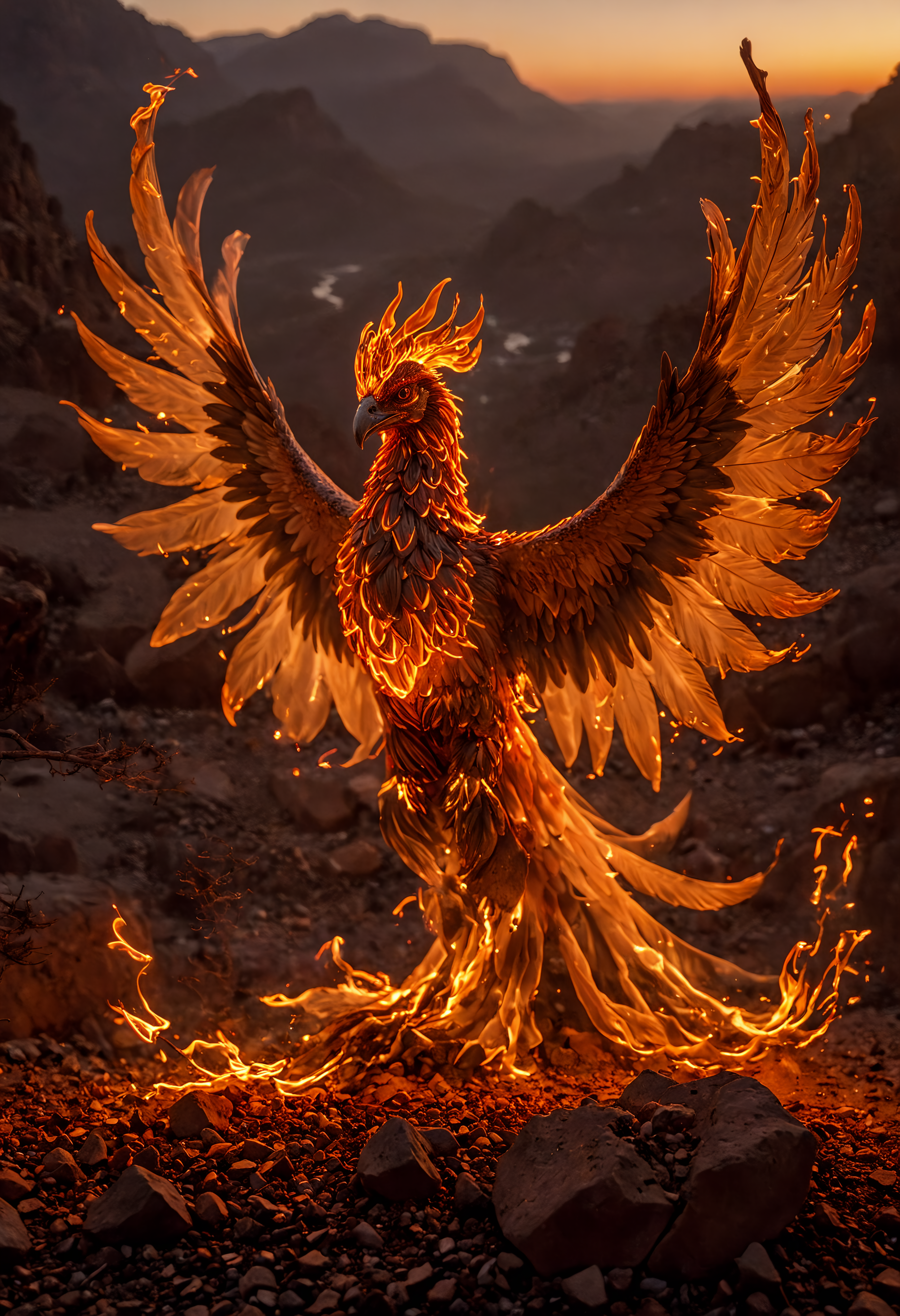 __Camera Views/cameraView/tilt-shift shot__
A majestic phoenix, wreathed in ((fiery plumes of gold and crimson __200+ (NSFW and SFW)/color/Blood Red__)), rises triumphantly from a bed of smoldering ash. Its wings, tipped with feathers that seem to ((burn like embers <lora:aidmaLightPainting-v0.1:0.8> Light Painting)), stretch towards the heavens, casting flickering shadows across the desolate landscape. Intricate details highlight every feather and talon, capturing the raw power and majesty of this mythical creature. High fantasy, vibrant colors, high resolution, best quality, rebirth, immortality, fiery beauty, majestic, awe-inspiring, detailed, dramatic lighting, bokeh, ((extreme close-up on the phoenix's eye:1.1)), reflecting the flames, __200+ (NSFW and SFW)/detail/Refined__.
__200+ (NSFW and SFW)/camera/Sony a7 IV Mirrorless Camera__
__200+ (NSFW and SFW)/focal-length/35mm - 85mm  focal length__
__200+ (NSFW and SFW)/f-stop/ƒ/2.8__
__200+ (NSFW and SFW)/iso-stop/ISO 800__, (masterpiece, award winning artwork) many details, extreme detailed, full of details, Wide range of colors, high Dynamic <lora:add-detail-xl:1> <lora:WildcardX-XL-Detail-Enhancer:0.9> <lora:aidma-Image Upgrader-v0.1:1> <lora:SDXLFaeTastic2400:0.085> <lora:MJ52:0.185> <lora:sinfully_stylish_SDKL:0.11> <lora:casting shadow style v2:0.1> <lora:CinematicStyle_v1:0.42> casting shadow style, cucoloris patterned illumination