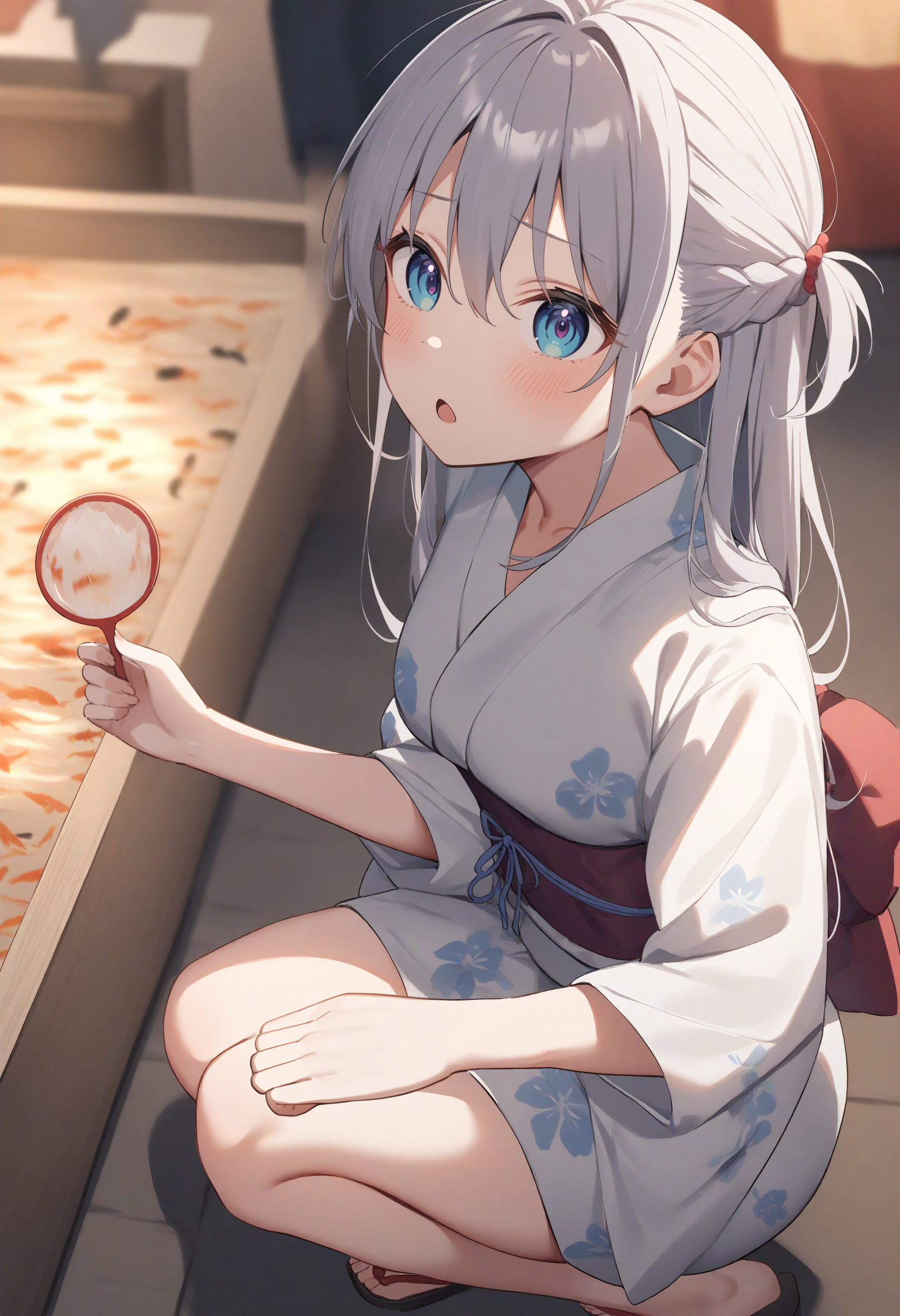 1girl,sincos, ningen mame, toosaka asagi,solo,medium breasts,20yo,
goldfish scooping,poi (goldfish scoop),holding,japanese clothes,yukata,water, <lora:goldfishscooping_XL_v1:0.8>
from above, fisheye lens, looking to the side, gray hair, white eyes,blush, open mouth, bow-shaped hair,,
best quality, very aesthetic, absurdres