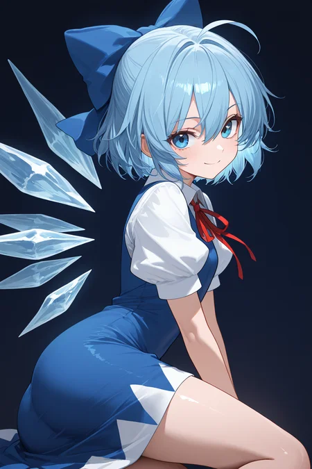 masterpiece, best quality, 1girl, solo, 21 year old model, eyelashes, (beautiful eyes), ,,, <lora:CirnoTouhouIXL:1.0>, zzCirno, blue eyes, hair between eyes, ahoge, blue hair, hair bow, short hair, blue dress, puffy short sleeves, white shirt, bow, wings, ice, short sleeves, ice wings, dress,side view, ass, leaning forward, cowboy shot, smile, looking at viewer, shiny skin,