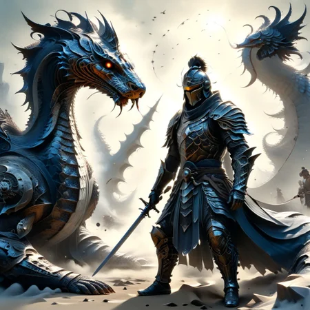 Sinoink, ral-frctlgmtry, a knight stands with his sword at the ready to engage an enemy, battlefield, solo focus on the knight, holding a sword and shield, battle worn