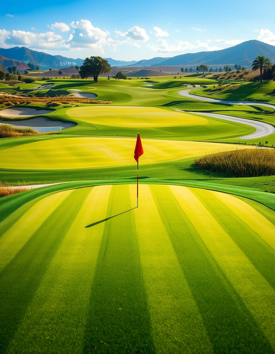 A stunning golf course captured in a high-resolution photograph, bathed in warm sunlight during the golden hour. The vast landscape features lush, perfectly manicured green fairways stretching into the distance, surrounded by rolling hills and scattered sand bunkers with smooth, raked surfaces. A crystal-clear water hazard reflects the sky, adding depth to the scenery. In the foreground, a pristine white golf ball rests on the neatly trimmed grass near a wooden tee marker. A red flag flutters gently atop a flagstick, marking the hole on the undulating green. Tall palm trees or majestic pines line the course, casting long shadows. The background showcases a breathtaking view of distant mountains or a serene blue ocean, enhancing the sense of tranquility and luxury. The sky is a brilliant shade of blue with soft, wispy clouds. The overall composition exudes elegance, precision, and the beauty of nature, capturing the essence of a world-class golf course.
<lora:SDXLFaeTastic2400:0.4> <lora:extremely_detailed:0.4> extremely detailed,<lora:golf_course:1>,golf c0urs3, Masterpiece,best quality,hi res,8k,hi res,8k,award winning,(sharp focus, intricate, highly detailed),