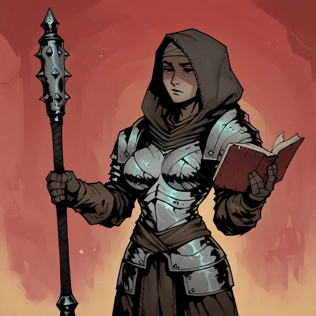 masterpiece, best quality, newest, absurdres, highres, arbuz_budesh, 1girl, DDVESTL-V1.0, 1girl, armor, hood, shoulder pads, breastplate, shoulder armor, pauldrons, book, weapon, mace, holding, holding book, holding mace, holding weapon, black eyes, shaded eyes,