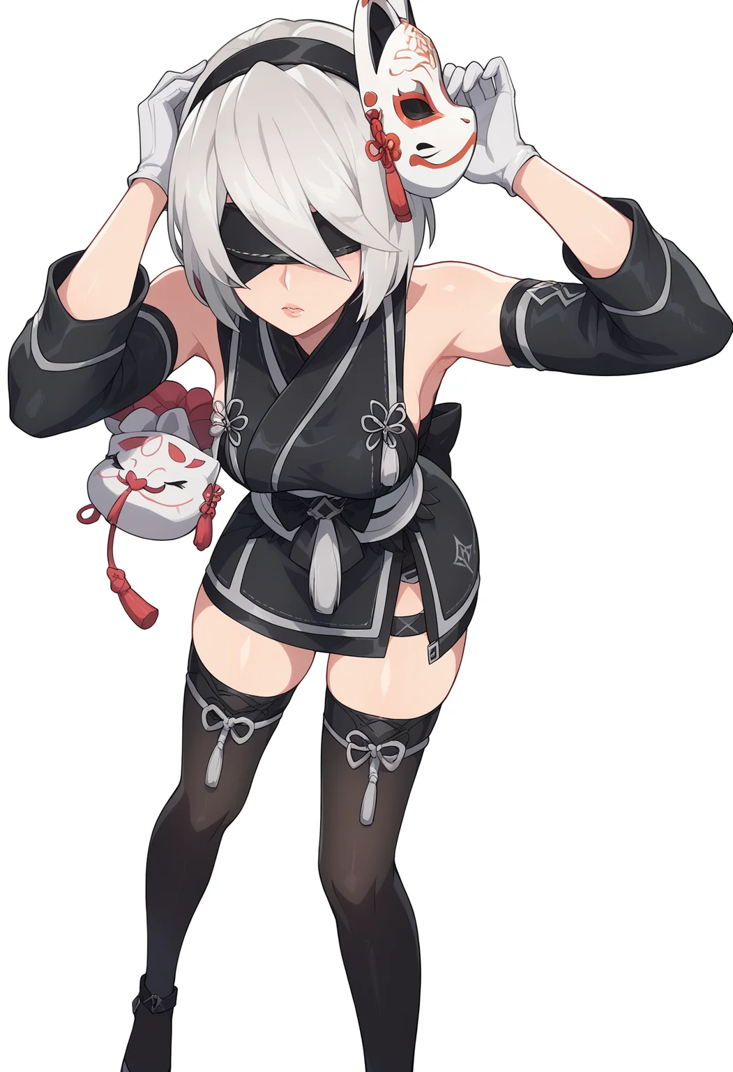 score_9, score_8_up, score_7_up, BREAK
1girl, solo, yorha1, mask on head, thighhighs, white hair, bob cut, black hairband, blindfold,
white gloves, perfect face, long slender body, slim hips, perfect face, perfect hands, dynamic angle,
pastel colors, (white background:1.1), solo, adjusting hair, standing, contrapposto, hair behind ear, leaning forward, close_up, hand on own hair, , , 2b1 heels, ,
<lora:YoRHa type 1 Pony:1>
<lora:kajinman_style_pdxl_goofy:0.6>