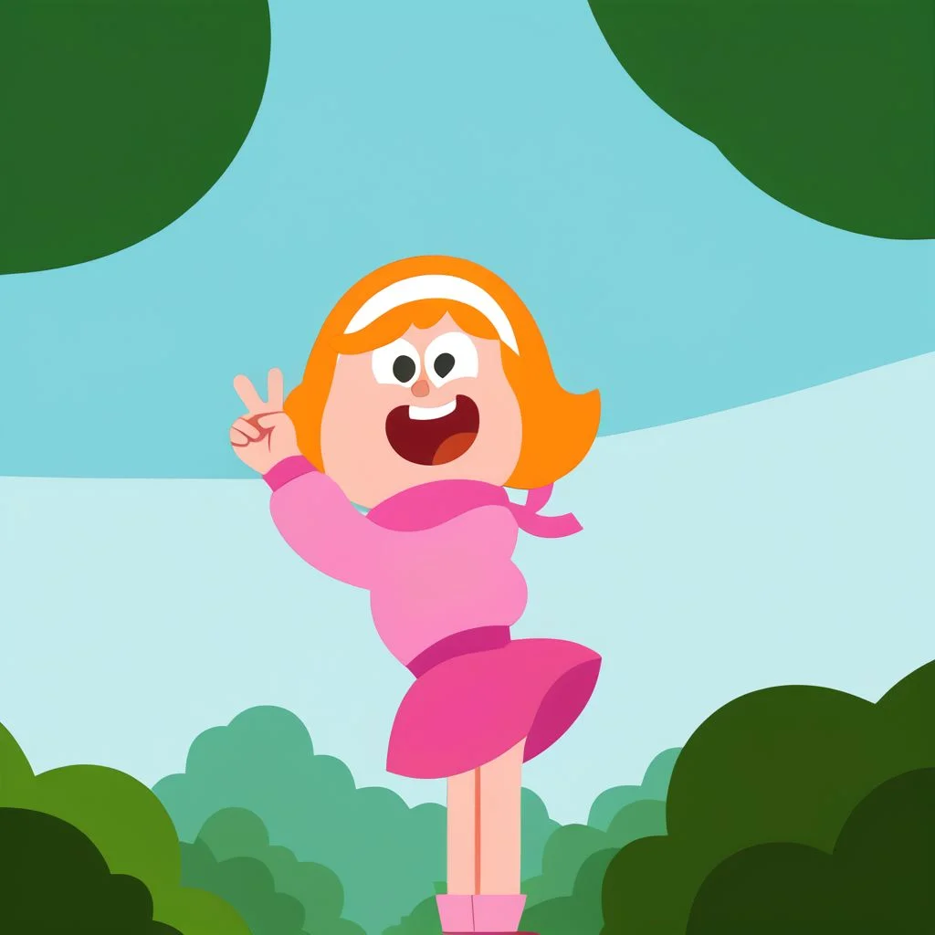 score_9, score_8, score_7, female child, daphne, orange hair, short hair, hairband, skirt,, smiling, outdoors, natural lighting,minimalistic, vector art, lean lines, illustration, graphic design, vector graphics,V,dynamic pose, low angle, open mouth, park,