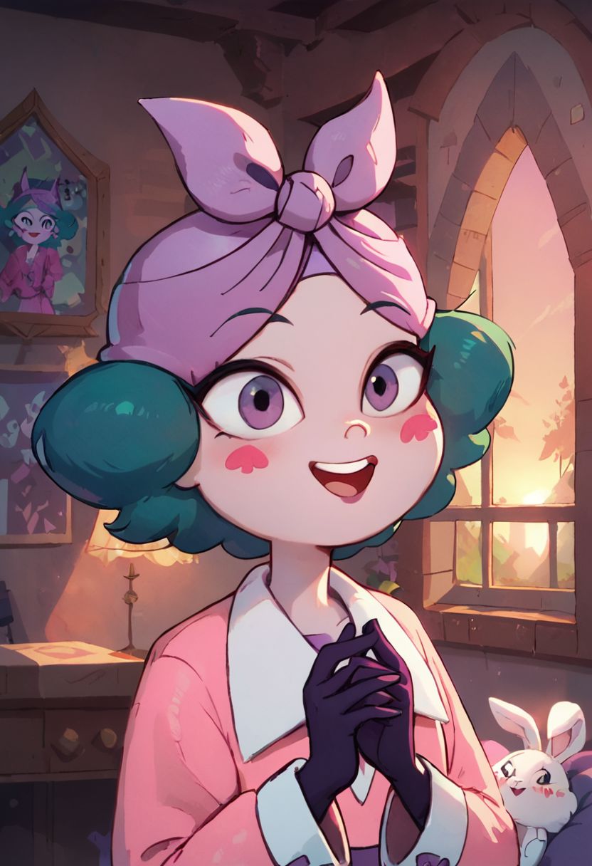 score_9, score_8_up, score_8, Eclipsa Butterfly, green hair, short hair, purple eyes, red spade blush stickers, dark hands, pink pajamas, purple bandana, dark purple shirt, purple belt, white bunny slippers,
upper body, in a room, sunset, warm light, smile, open mouth, upper teeth,