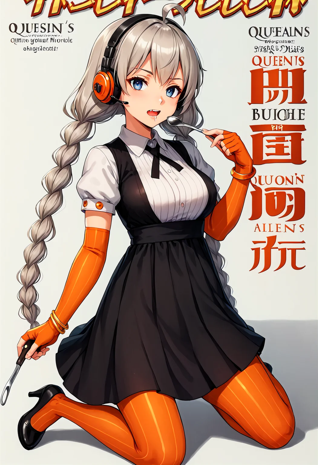 <lora:1_QB_Title_PONY_V1:1>(qb_title:1.2), (Title logo:1.2), Title Text, cover, zoom layer, Multi-layer, character name, author name, copyright name, watermark, simple background, white background, book cover, game cover,
1girl, solo, (full body), long shot, afterimage, look at viewer,
weapon, armor,
(Big fork, big spoon, fork is weapon, spoon is weapon, allusion to gluttony),
aroused,Drooling, hungry, open mouth,
(Kneeling pose ),(sitting),
<lora:KizunaAkari_MMD_Pony_V1:0.9>blue eyes, grey hair, ahoge, twin braids, braid, very long hair, hair ornament, hair tubes, headphones, headset,
black dress, lace-trimmed dress, short sleeves, puffy sleeves,
orange gloves, striped gloves, elbow gloves, fingerless gloves, bracelet,
orange pantyhose, striped pantyhose,
black footwear, high heels,
star print, star (symbol), vertical stripes,
(nsfw:1), (Uncensored:1), score_9, score_8_up, score_7_up, score_6_up, score_5_up, score_4_up,