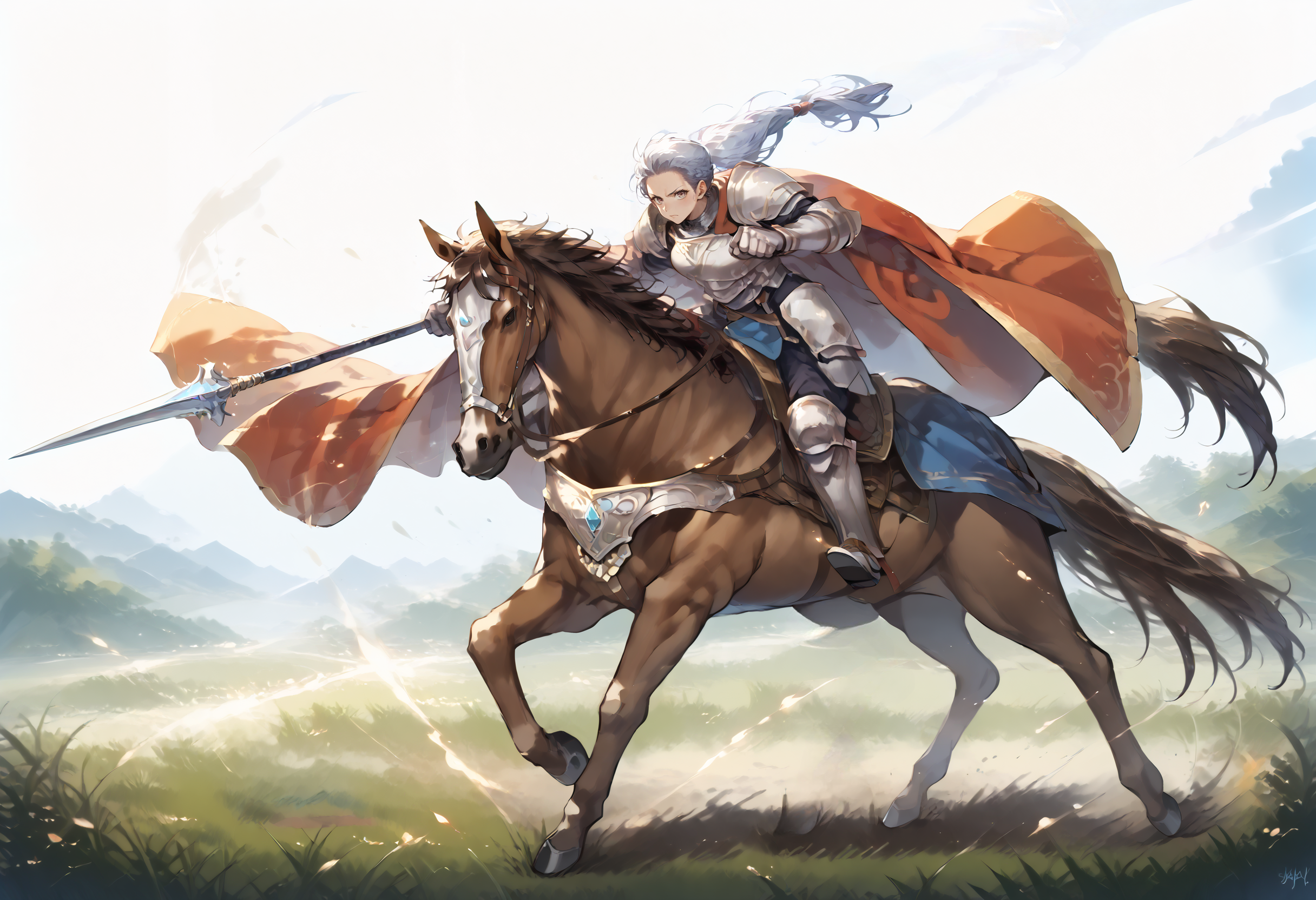 score_9,score_8_up,score_7_up,best quality,masterpiece,super detailed,extreme detailed,full_body,zPDXL BREAK (nature:1.1),(field:1.1),
<lora:Pony_DetailV2.0:1> BREAK 1girl,Cavalier,armor,cape,gloves,horse,horseback riding,holding spear,<lora:Cavalier-v2-pony:0.9>,fighting stance,charging forward,serious,