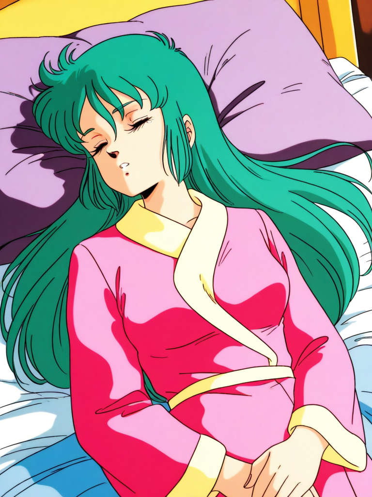 general,highres, ultra-detailed,very aesthetic,best quality ,best hands, BREAK <lora:Ciela_Lapana_gown_IS:0.8>
Ciela_Lapana(gown), 1girl, solo,  long hair, green hair, bangs, medium breasts,
pink gown, robe,
1980s (style), anime coloring,
sleeping, closed eyes, lying, parted lips, v arms,
bed,