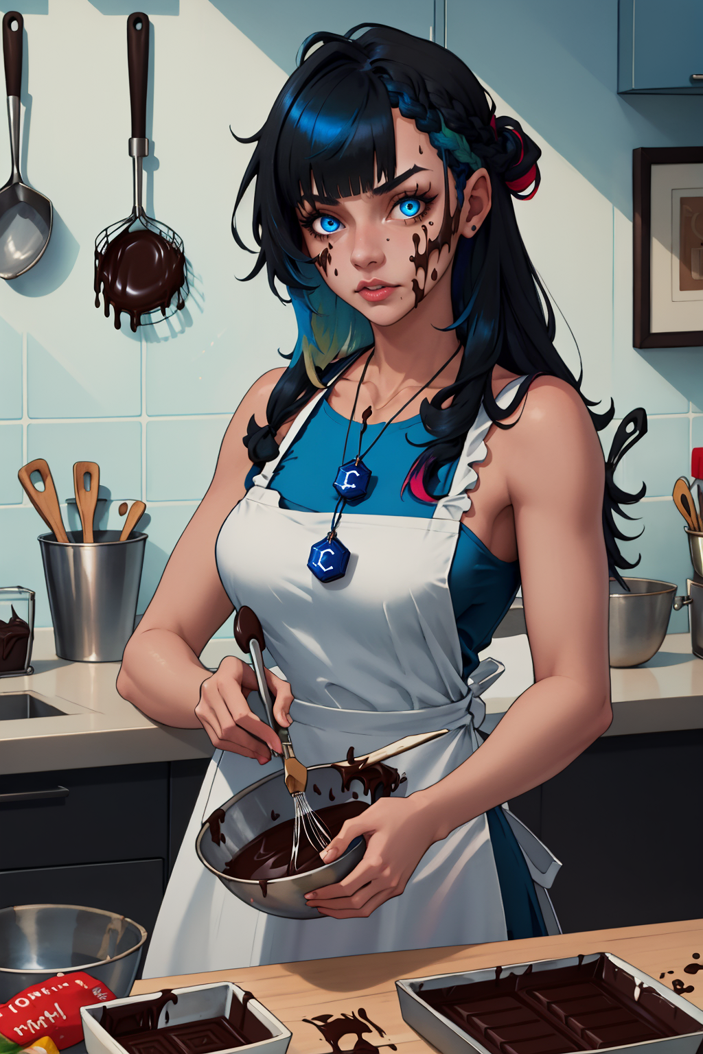 High Quality, Masterpiece, 1girl, IncrsChocoMaker, <lora:ChocolateMaking:1>, whisk, apron, food on face, kitchen, chocolate on body, panicking, civitai-chan, braided bangs, multicolored hair, black hair, blue hair, blue eyes, necklace, <lora:Char_Meme_Civitaichan:0.8>