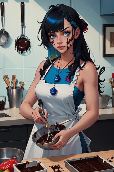 High Quality, Masterpiece, 1girl, IncrsChocoMaker, <lora:ChocolateMaking:1>, whisk, apron, food on face, kitchen, chocolate on body, panicking, civitai-chan, braided bangs, multicolored hair, black hair, blue hair, blue eyes, necklace, <lora:Char_Meme_Civitaichan:0.8>