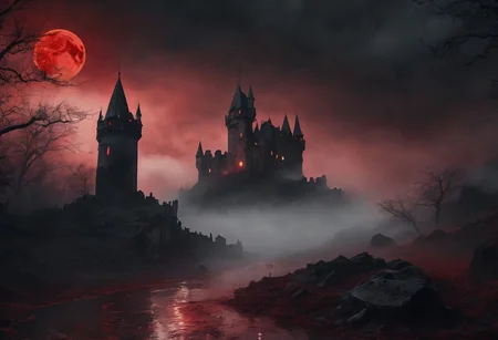 (ultra detailed), (ultra realistic), RAW photo, photorealistic, 8k, high res,lora:add_detail:0.8>, ( dark and gloomy) ,Blood red moon in background, dark thick fog, heavy rain, puddles of blood, lightning and fire,  blood rain,  clouds shaped like broken hearts, old decrepit castle , corpses scattered on the ground, evil souls rising from the ground,