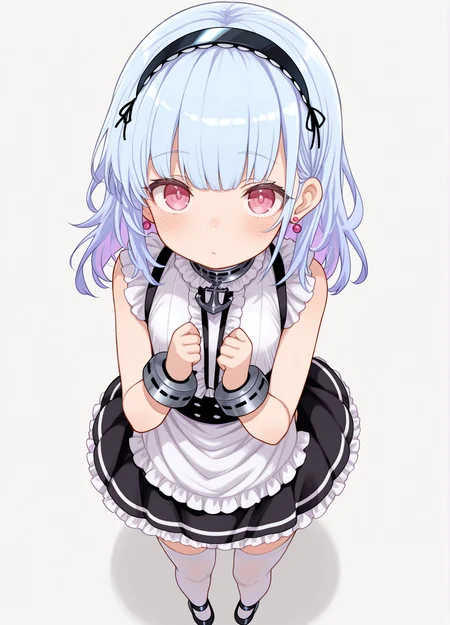<lora:dido_IL_v1.0:1>,dido \(azur lane\),maid,earrings,white thighhighs,aged down,from above,looking at viewer,(puddinghomhom:0.7),, masterpiece,best quality,