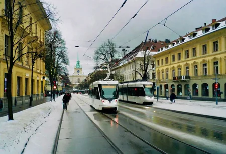 Bern downtown in winter, snowy, cloudy, people, modern tram, raw style