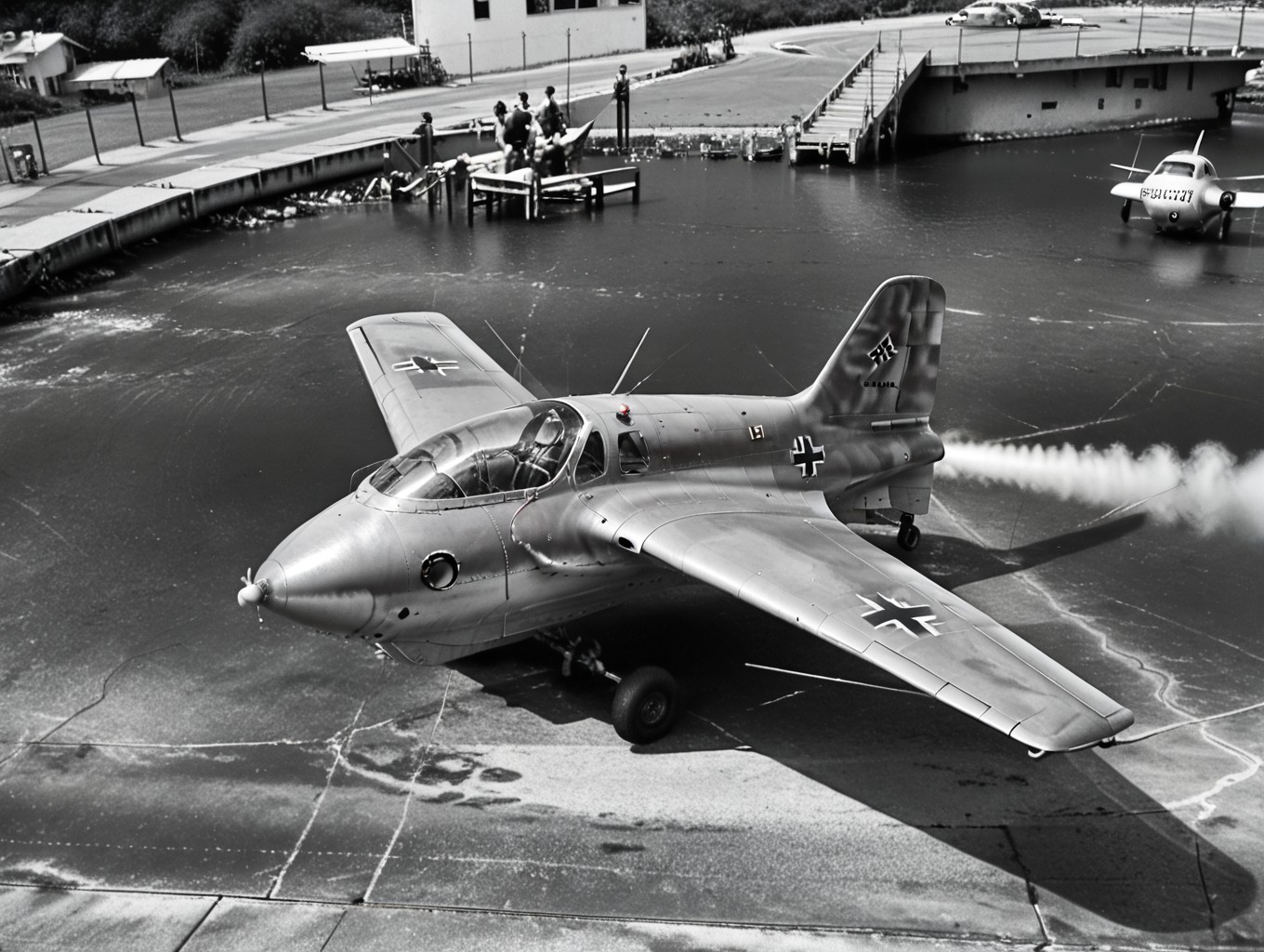 <lora:Me-163-Pony:0.9> me_163 aircraft,flying, historical photo, score_9