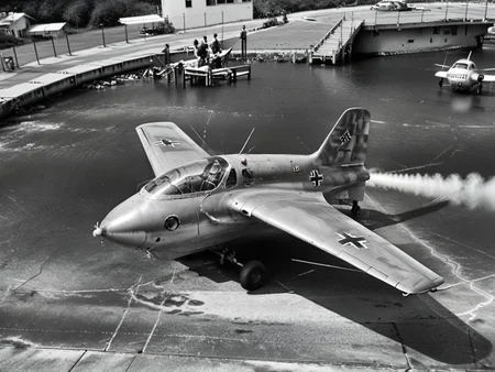 <lora:Me-163-Pony:0.9> me_163 aircraft,flying, historical photo, score_9