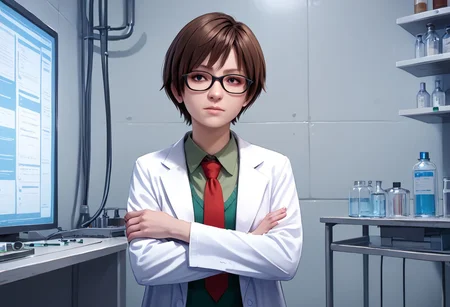 score_9, score_8_up, score_7_up, rebecca-chambers, resident evil, 1girl, glasses, labcoat, necktie, crossed arms, brown hair, short hair, solo focus, realistic, red necktie, solo, laboratory, beaker, potions