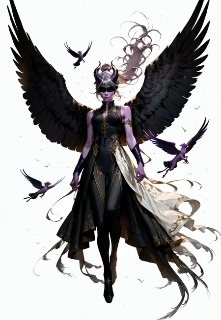 (absurdres, best quality, masterpiece:1.4),
score_9, score_8_up, score_7_up, score_6_up,
detailed,
detailed body,
detailed face,
(((smooth skin, unbroken skin, detailed skin))),
fantasy,
alone,
female,
tiefling,
h0rns,
ram horns,
black horns,
tall,
((((purple skin)))),
((long grey hair, ponytail)),
(((wingsd, black wings))),
floating, flying, hovering, weightless,
(white robe, sleeveless,
blindfold, black cloth blindfold),
(((white background, plain background))),
full body,
front view,