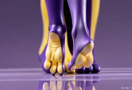 tox_amped, barefoot, purple feet, yellow soles, 3 toes, standing, foot focus, close-up