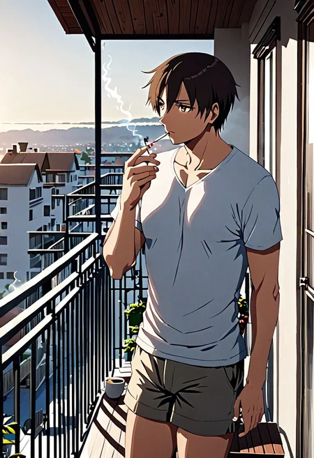 high resolution, solo, best quality, 1Boy, Takaki Toono, Brownish Hair, Brown Eyes, home balcony, morning, cigarette, coffee, t-shirt, shorts, looking away, OverallDetail