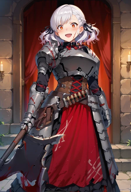 score_9, score_7_up, hd, (ultra hd quality details), source_anime, indoors,
solo, 1girl, gflsps12, twintails, braid, large breasts,
spas12gbhunt, ribbon, blood on face, crazy eyes, armored dress, blood on clothes, armor, plate armor, gauntlets, shotgun shell, shotgun, axe, shield,
looking at viewer, blush, smile, open mouth,
standing,
<lora:_spas12gfl-elesico-pony-e12:1>
