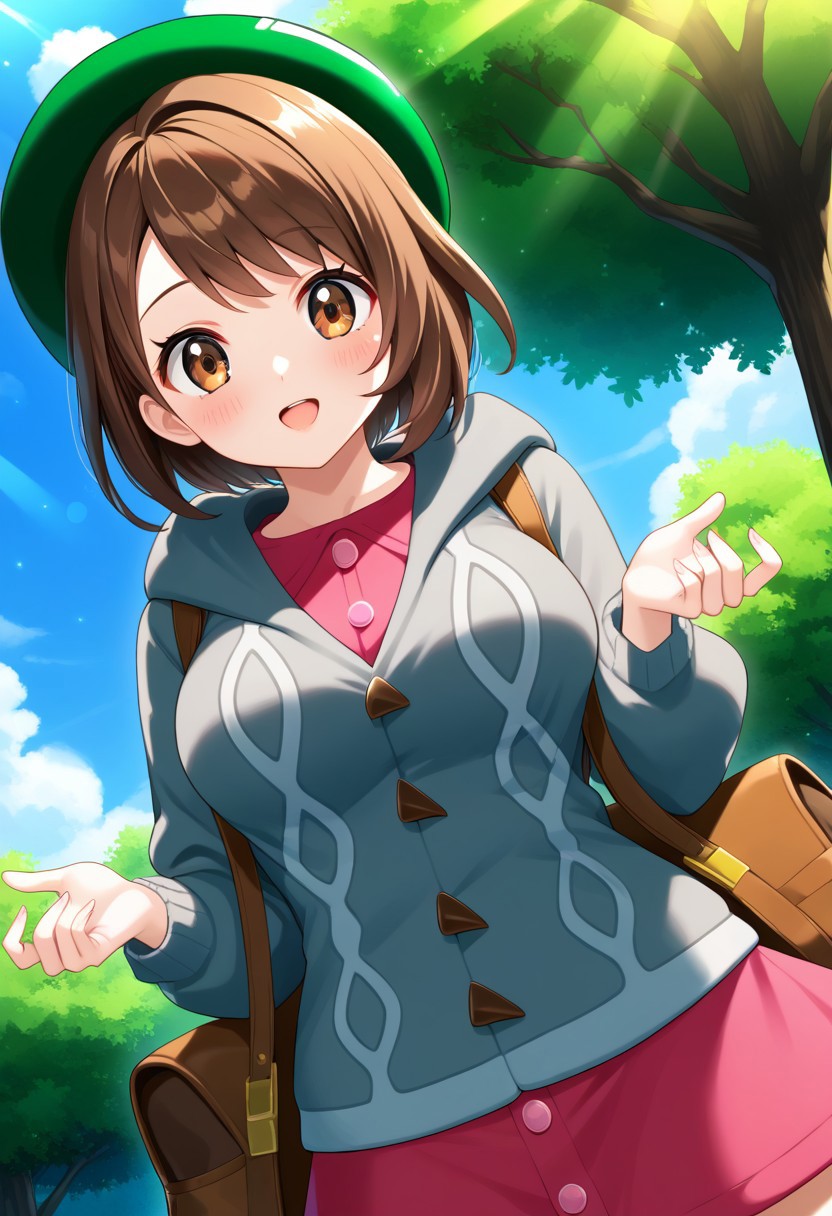 score_9, score_8, score_7_up, source_anime, (nsfw:1.0), BREAK, 
cute 1girl, shiny_skin, (large breasts), skinny body, brown_hair, brown_eyes, green_headwear, hooded_cardigan, pink_dress, brown_bag, 
angle:random, 
outdoors, light particles, light rays, park, blue sky,