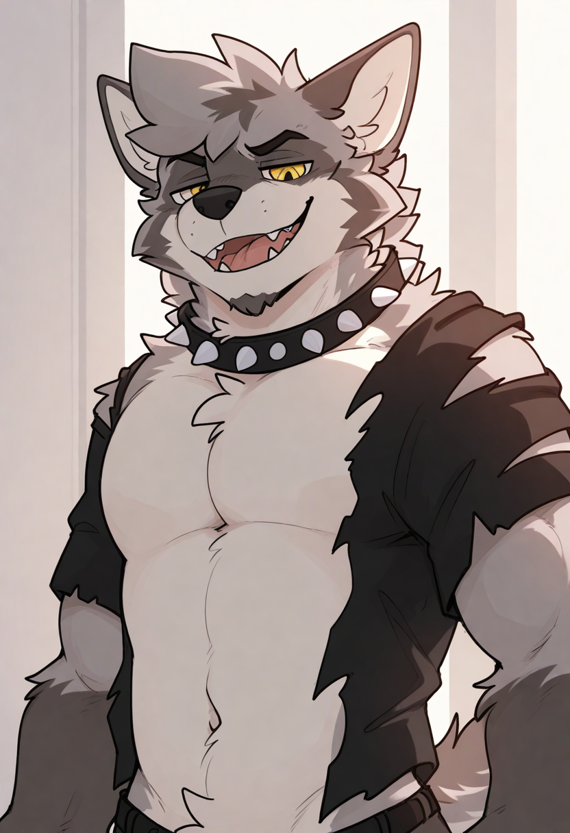 best quality, amazing quality, very aesthetic, absurdres, newest, by pache riggs, male focus, 1boy, solo, upper body, BREAK 
furry, werewolf, yellow eyes, two-tone fur, fur tufts, tail, torn clothes, bara, bold, spiked collar, smug face, <lora:Pache_Riggs_style_Illustrious:1>