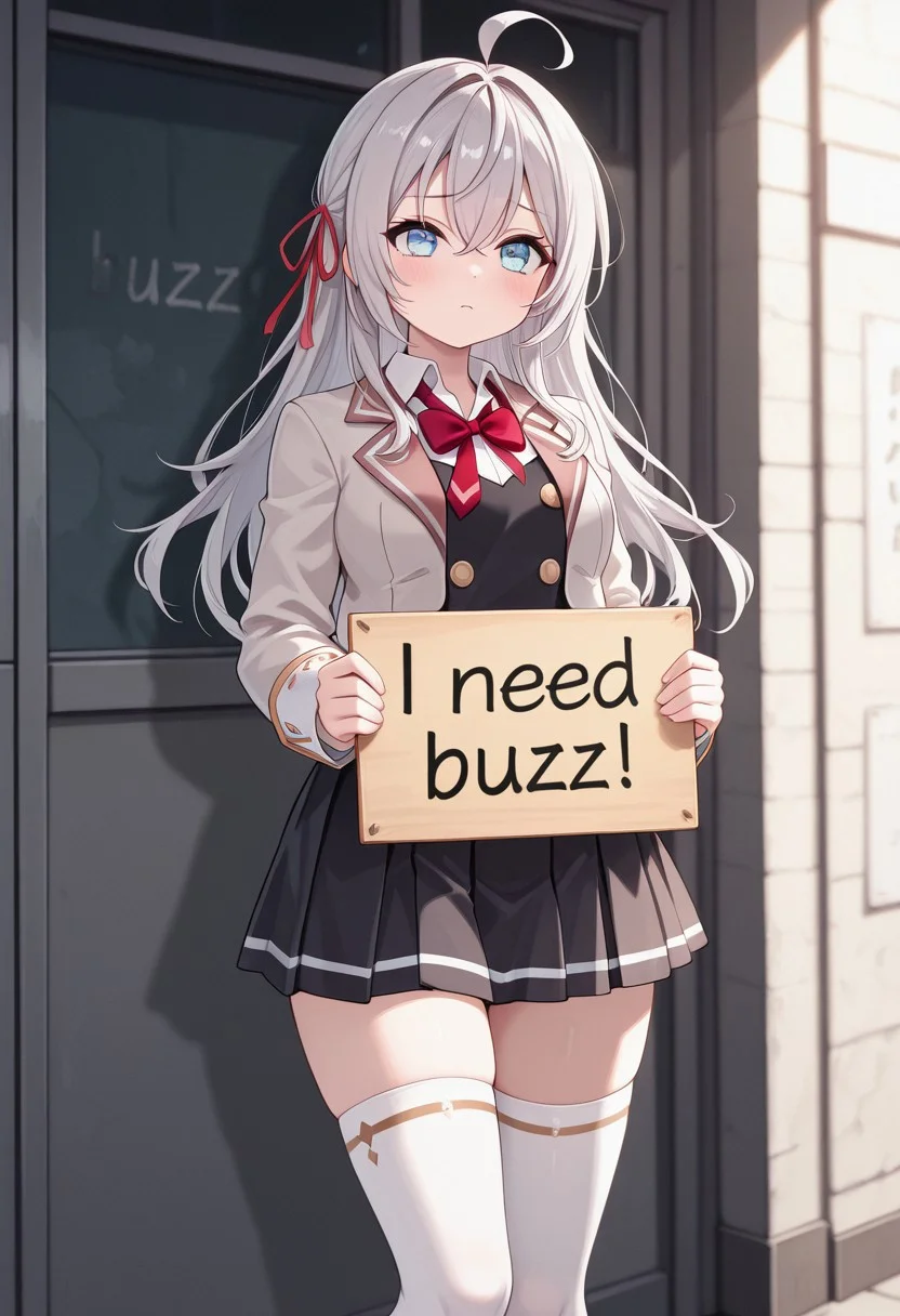masterpiece,best quality,amazing quality, need_buzz, holding sign, 1girl, alya-san, 1girl, long hair, blue eyes, ahoge, shirt, school uniform, jacket, ribbon, hair ribbon, skirt, grey hair, thighhighs, long sleeves, hair between eyes, white thighhighs, bow, collared shirt, white shirt, red ribbon, bowtie, red bow, blazer, red bowtie, zettai ryouiki, dark fantasy background