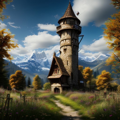 realistic analog photo, award winning photo, 
fantfa, background, mountains, apple trees, foreground, field, house, fence, farm, farmland, witow, a tall high fantasy wizard tower, blue sky
wide shot, high-quality, crisp, sharp, professional-grade, high-resolution, fine detail, accurate colors, low noise, fast shutter speed, wide dynamic range, precise focus, RAW, highres, 8k, uhd, High Dynamic Range, tonemapping, crisp details,