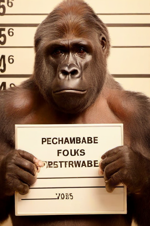 Masterpiece,High Quality,
 <lora:PE_MugShot:0.8> PEMugShot,holding a sign,
 <lora:PE_Harambe:1> PEHarambe