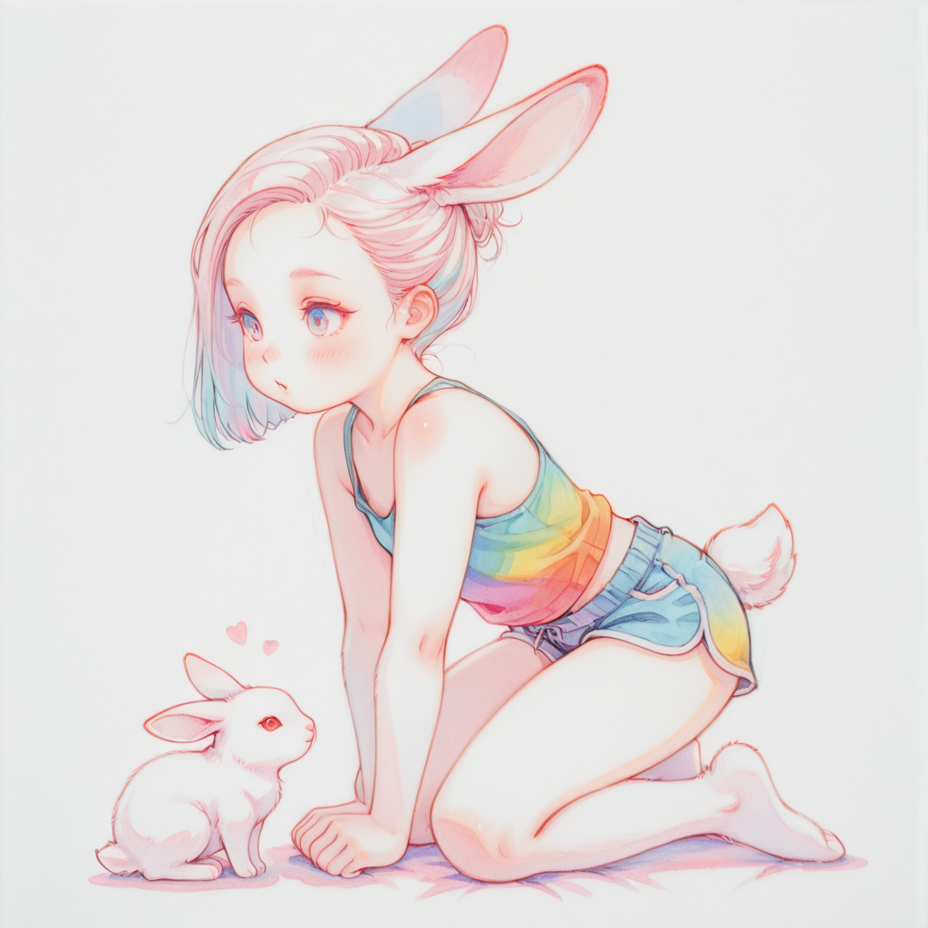 highly detailed, traditional media, cute, colorful, solo, rabbit, tank top, shorts, full body