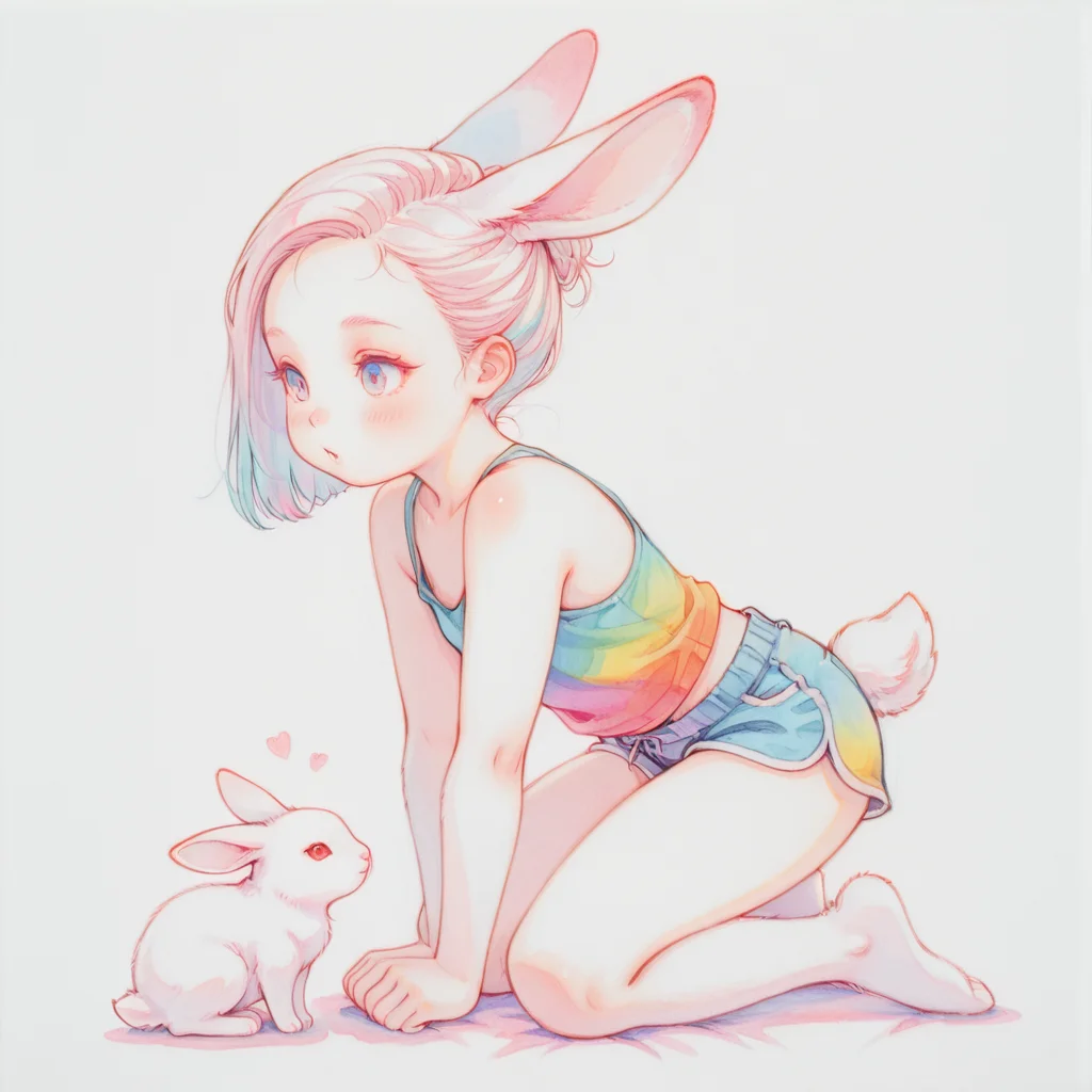highly detailed, traditional media, cute, colorful, solo, rabbit, tank top, shorts, full body