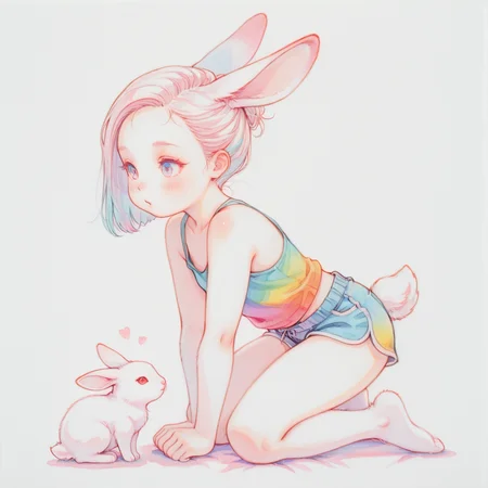 highly detailed, traditional media, cute, colorful, solo, rabbit, tank top, shorts, full body