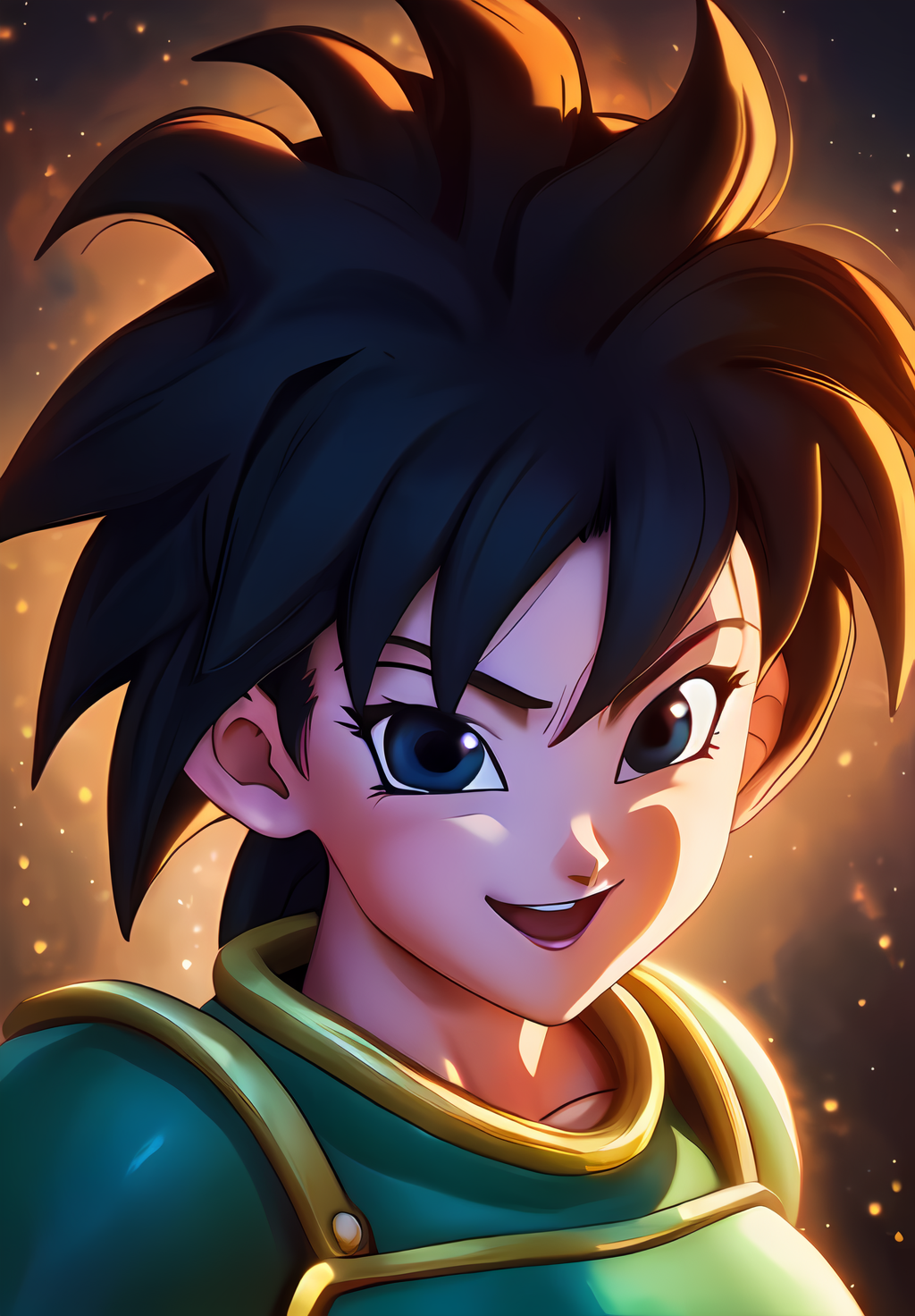 (Photo:1.3), highdetail, <lora:Gine:0.8>, Gine, 1girl, solo, saiyan armor, smile, ((portrait,)) Black Hair, (acclaimed, alluring, captivating, exciting, gorgeous, striking:1.3), (trending on artstation:1.3)