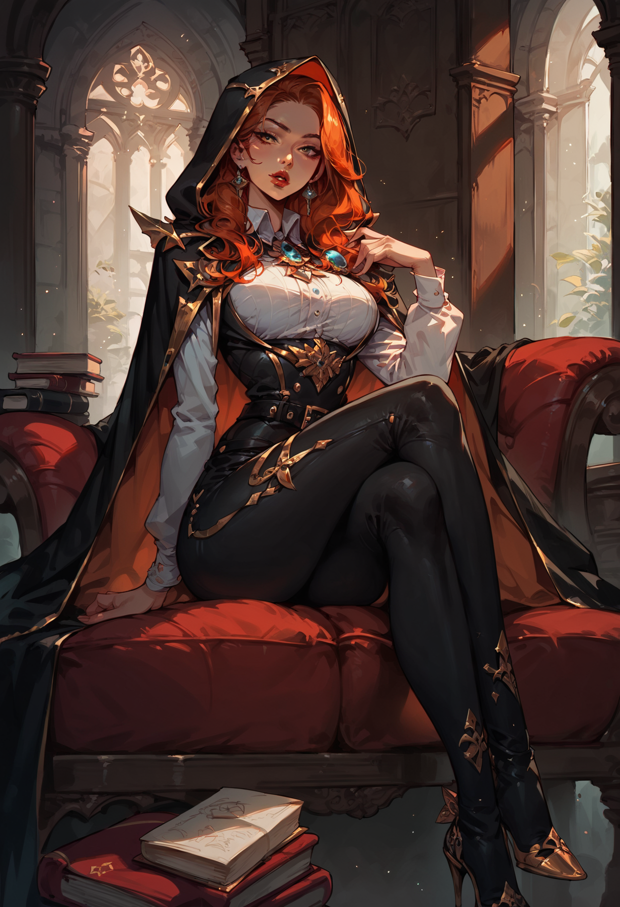 score_9, score_8_up, score_8. score_9, score_8_up, score_7_up, score_6_up, 1girl, solo, orange hair, belt, long hair, looking at viewer, breasts, hood, cape, shirt, white shirt, collared shirt, hood up, long sleeves, parted lips, pants, black pants, indoors, brooch, book, gold trim, red lips, hooded cape, jewelry, black cape, lips, gem, large breasts, high heels, sitting on couch, crossed legs, full body shot, Expressiveh, g0thicPXL, Concat/BREAK <lora:Broken_Covenant_Miss_Fortune-000005.safetensors:0.6:0.6> <lora:Concept SDXL\Expressive_H-000001.safetensors:0.8:0.8> <lora:Concept SDXL\incase_style_v3-1_ponyxl_ilff.safetensors:0.6:0.6> <lora:Concept SDXL\Vixon's Pony Styles g0th1cPXL.safetensors:0.55:0.55> <lora:QOL SDXL\zy_AmateurStyle_v2.safetensors:0.75:0.75>