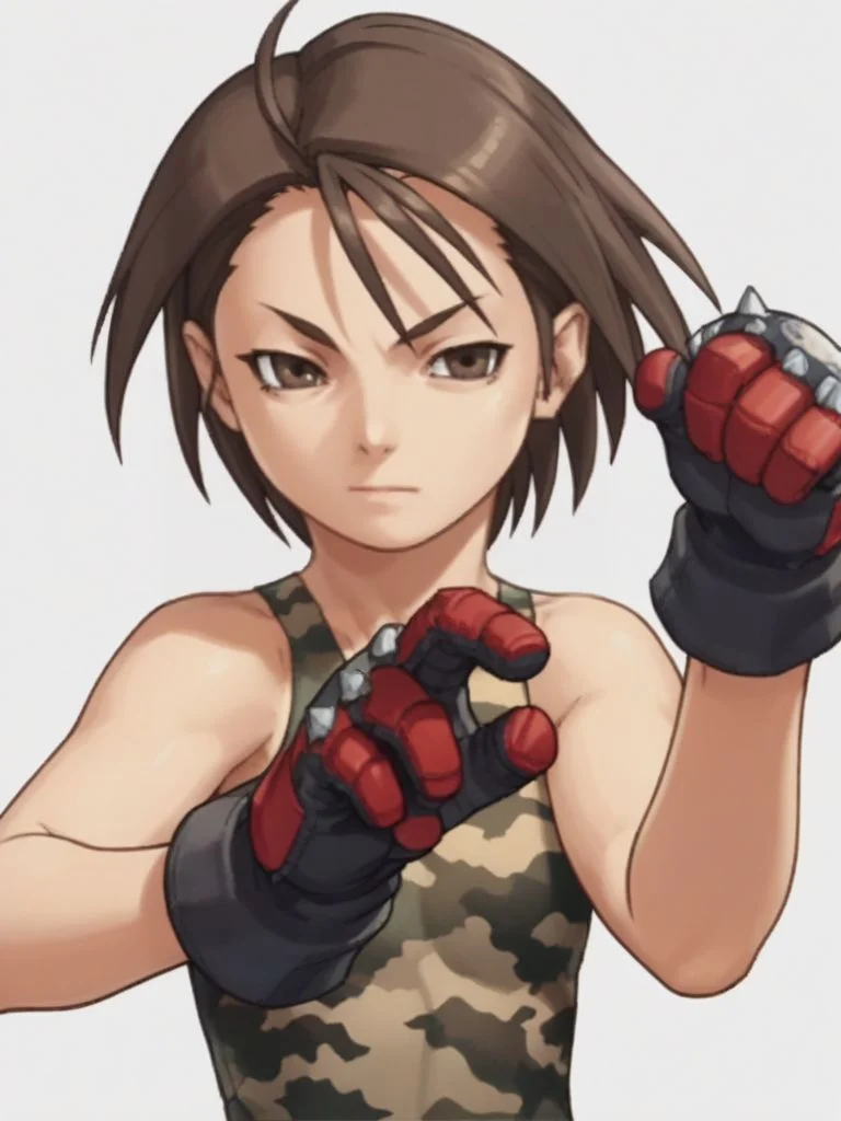 score_9, score_8_up, score_7_up, masterpiece, source_anime, anime screencap, slender, 1girl, flat chest, <lora:Akira:1>, Akira, ,breasts, looking at viewer, short hair, brown hair, gloves, bare shoulders, brown eyes, sleeveless, spikes, camouflage,