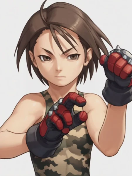 score_9, score_8_up, score_7_up, masterpiece, source_anime, anime screencap, slender, 1girl, flat chest, <lora:Akira:1>, Akira, ,breasts, looking at viewer, short hair, brown hair, gloves, bare shoulders, brown eyes, sleeveless, spikes, camouflage,