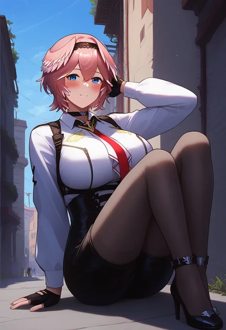 score_9, score_8_up, score_7_up, score_6_up, score_5_up, score_4_up, source_anime, detailed background, alleyway, BREAK, alone, (luiFirst, pink hair, short hair, parted hair, double-parted bangs, hair between eyes, black hairband, blue eyes, hair wings, black choker, white shirt, chest harness, breast zipper, red necktie, white ascot, long sleeves, gigantic breasts, white shirt, black gloves, partially fingerless gloves, thigh strap, high-waist shorts, leather shorts, black shorts, pantyhose, strappy heels, black footwear, blushing, horny expression, looking at viewer),