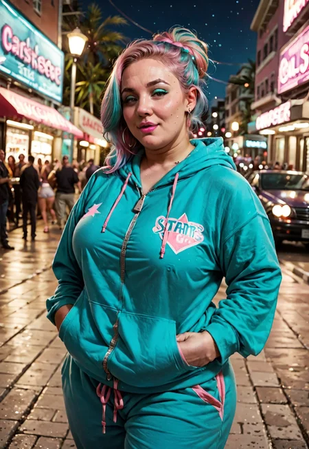 embedding:urn:air:sd1:embedding:civitai:222256@250708, Score_9_up, source_8_up, source_7_up, source_realistic, BREAK Outside a miami strip club, night, crowded street, 1girl, 27 years old, juliemystique, plump, wide waist, pink lip gloss, teal eyeshadow, multicolored hair, baggy teal hoodie with a zipper, sweatpants, (cute face:0.7),