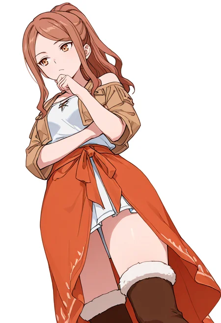 masterpiece,high quality details, absurdres,
<lora:Aona:0.8> aona_cnr, 1girl, brown hair, long hair, ponytail, brown eyes,, simple background, white background, dynamic angle,solo,, in heat,thinking,, casual vibe,relaxed shoulders,relaxed shoulders,, cropped jacket ,tunic ,sarong skirt, ,fluffy legwear,