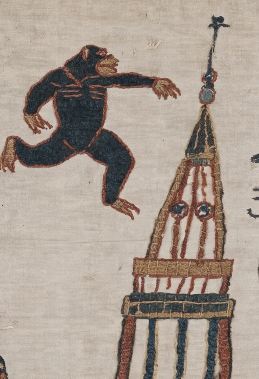 bayeux, large gorilla climbing up the empire state building, biplanes in the background, <lora:bayeux:1>
