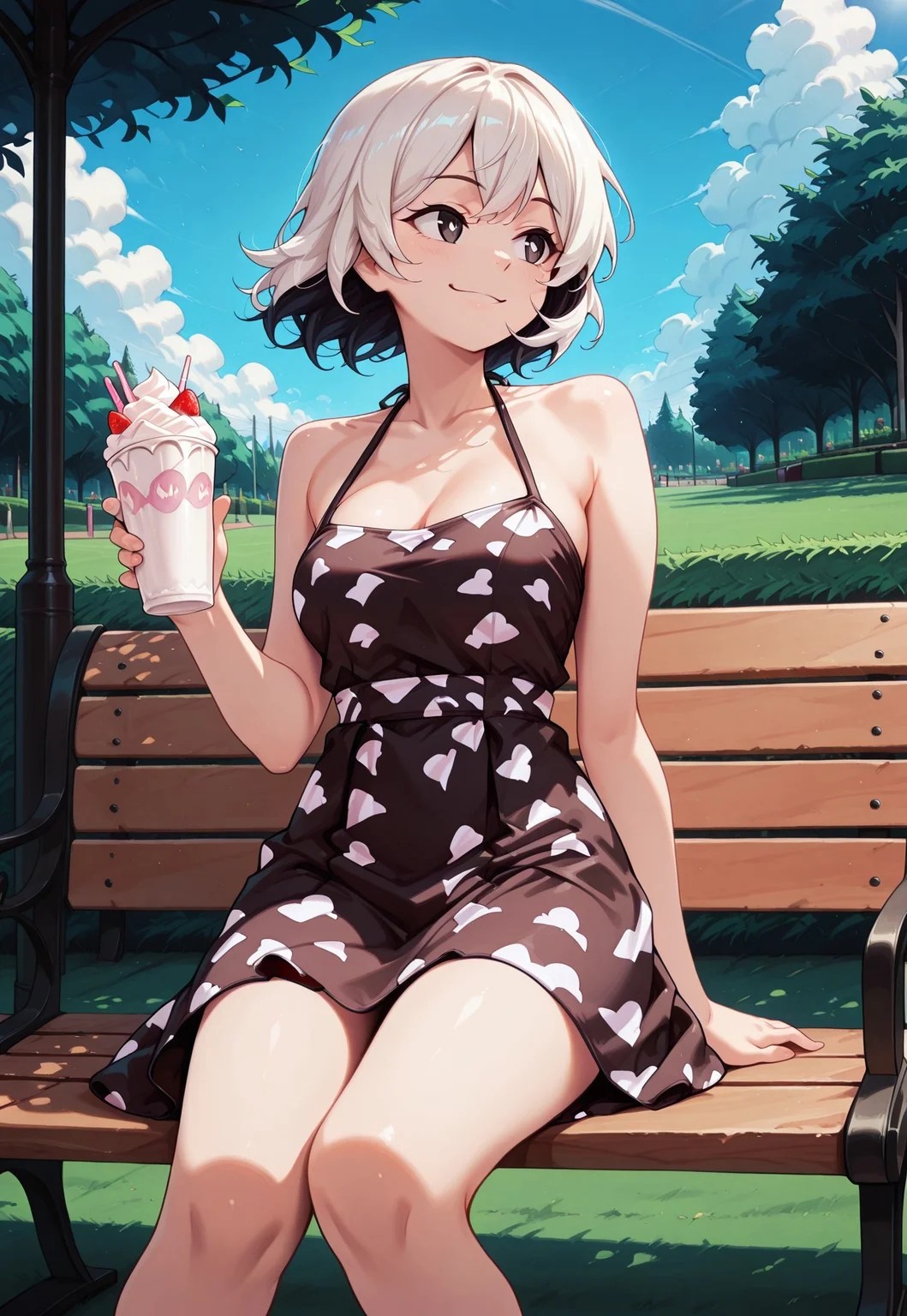 invpa, 1girl, solo,
sitting, on park bench, milkshake, turning head, smile, summer,
dress, halterneck, dynamic pose,
high contrast,
safe, masterpiece, best quality, absurdres, newest