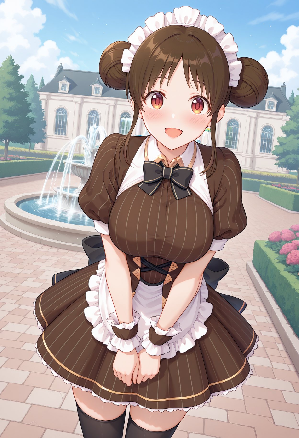 highres, best quality, masterpiece, fountain, garden, mansion, 
1girl, solo, rlszme,  brown hair, sidelocks, brown eyes, red eyes, large breasts, hair bun, double bun,
maid headdress, maid, brown dress, pinstripe pattern, wing collar, black bow, puffy short sleeves, maid apron, waist apron, frills, wrist cuffs, black thighhighs,
looking at viewer, blush, smile, open mouth, 
standing, v arms, 
<lora:_suzume_pcr-elesico-ilxl:1>