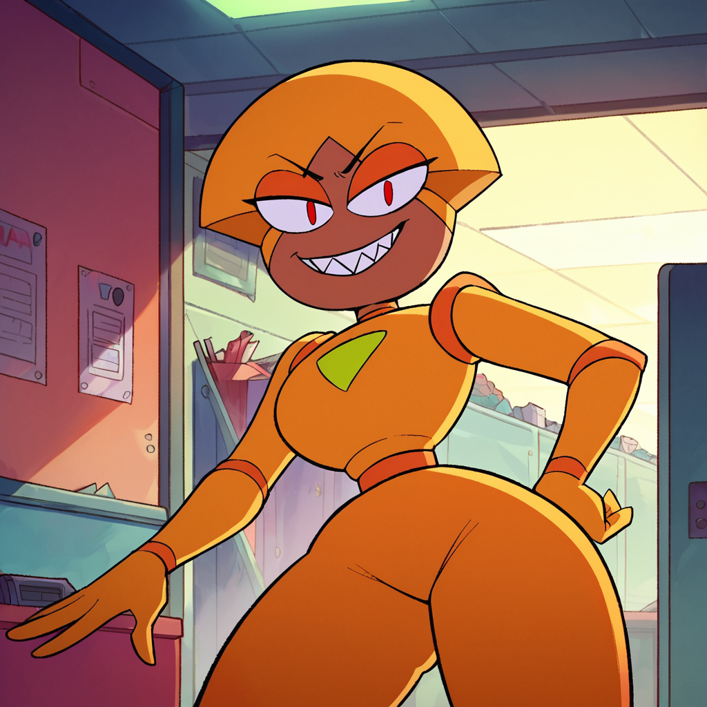 score_9, score_8_up, score_7_up, 1girl, Shannon, dark skin, red eyes, robot, medium breasts, narrow waist, wide hips, looking at viewer, grin, sharp teeth, highres, high quality, masterpiece, <lora:Shannon_Boxman:1>