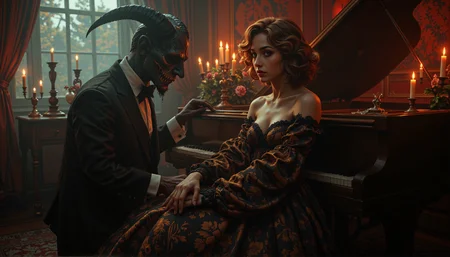 In an exquisite chiaroscuro masterpiece, the atmosphere of adult fantasy and gothic reverie comes to life in this opulent depiction of a stunning woman at a vampire masquerade. With attention to every intricate detail, the image is rendered in the best quality, embodying elegance and sophistication. The woman, with her delicate features, rosy complexion, high cheekbones, long turned-up nose, detailed eyes, and lush hair, exudes a sultry allure that captivates and seduces the viewer. With an emphasis on the masquerade aesthetic, the image features a Victorian setting where she sits barefoot in lace stockings at a grand piano beside a haunting vampire pianist. Gothic vampires revel in the masquerade around them as they indulge in amorous and licentious behavior, their actions imbued with an air of promiscuity and mystery.
A flaming goat head effigy looms ominously behind her, emphasizing the portentous mood that permeates the room. The image is rendered at ultra-high resolution in 8K, capturing every detail from the intricately designed gown to the perfect eyes and highly detailed face of both woman and vampire characters. With a focus on bright candlelit rooms, volumetric effects, atmospheric lighting, and organic yet eerie elements, the image evokes an air of adventure and mystery that is sure to enthrall any viewer who beholds it.