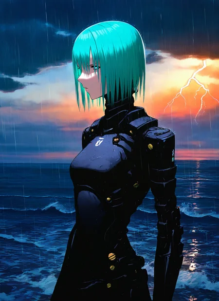 artist:, masterpiece, best quality, newest, very awa, absurdres, highres, tmnh, 1girl, robotic hardsuit, Textured Side Part with Skin Fade hair, aqua hair, sunset, sea, storm, massive waves, dark clouds, rain, lightning, detailed, <lora:Tsutomu_Nihei_Blame_Style_Illustrious:1.0>